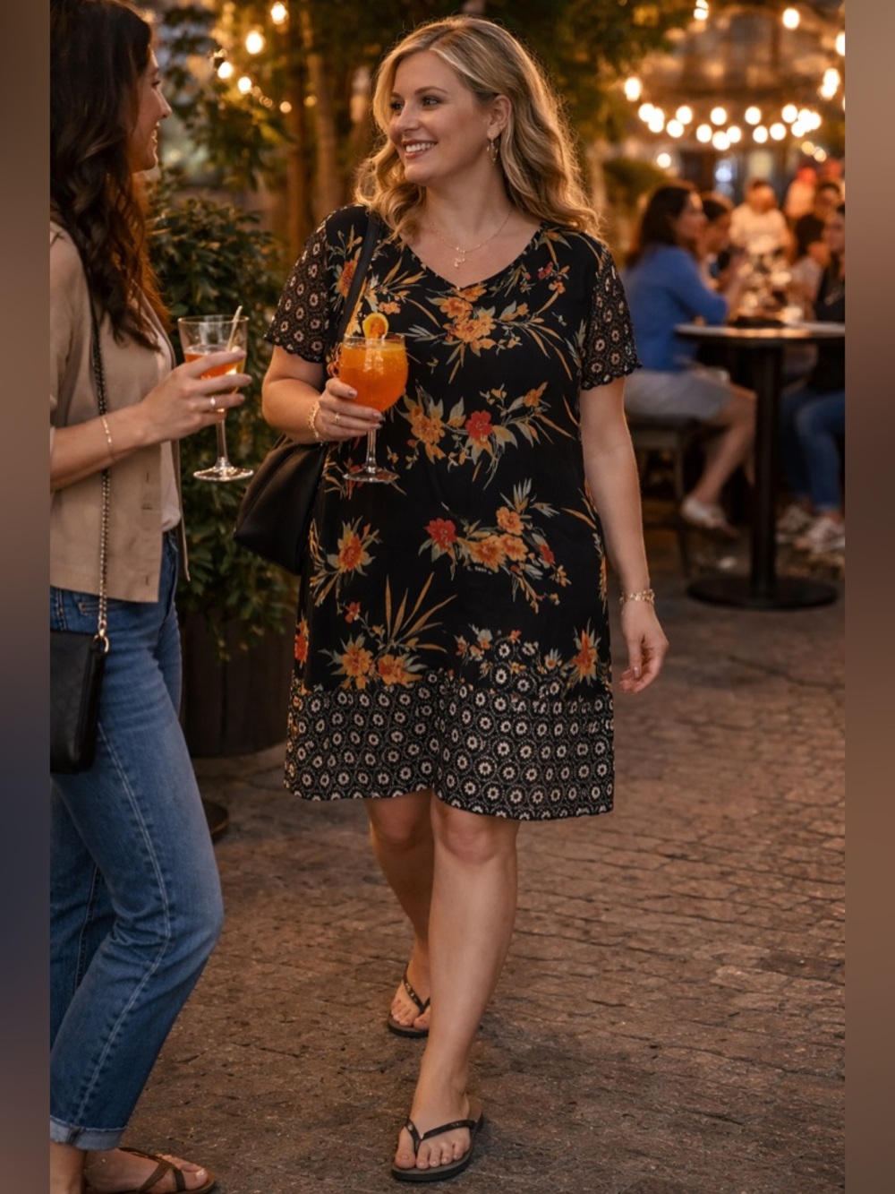 Floral Black Sheath Dress, knee length.